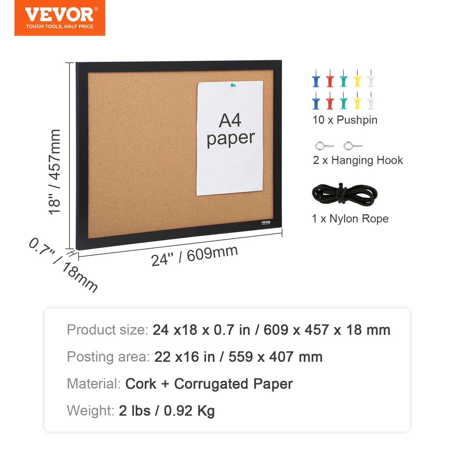 36x24/24x18 Bulletin Cork Board with Pushpins