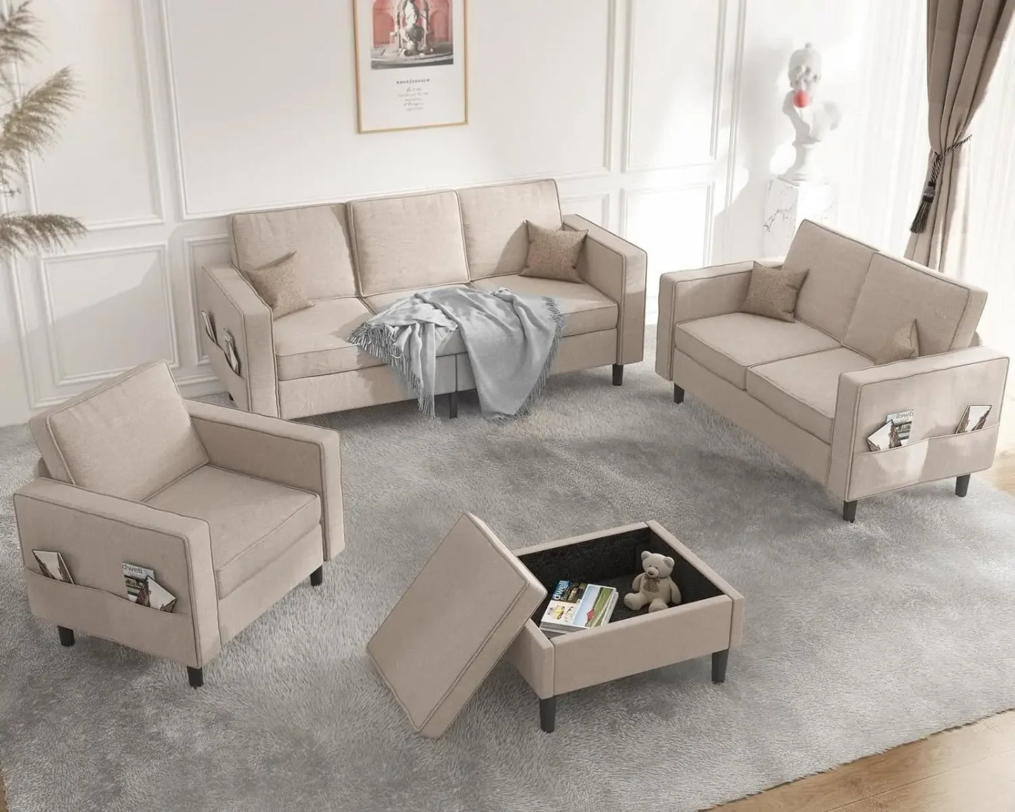 4-PCS Sofa Couch Set with Storage Ottoman