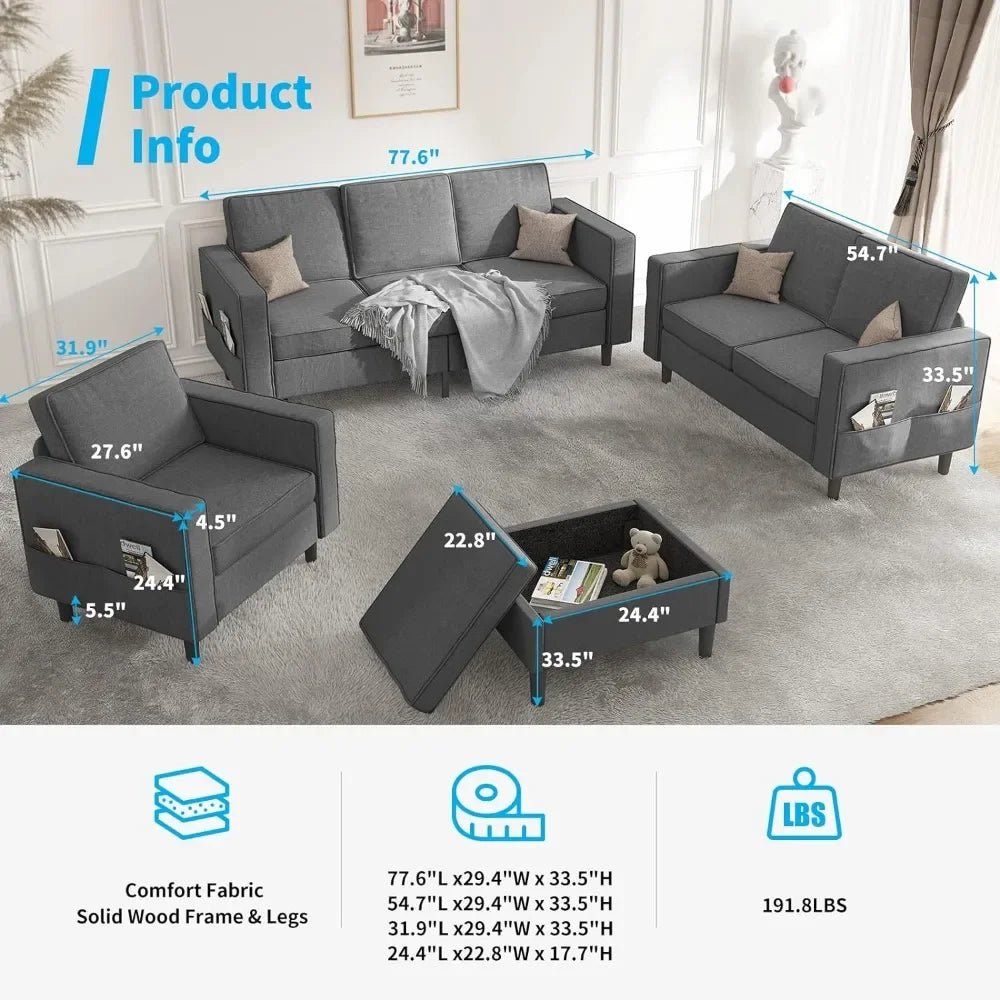 4-PCS Sofa Couch Set with Storage Ottoman