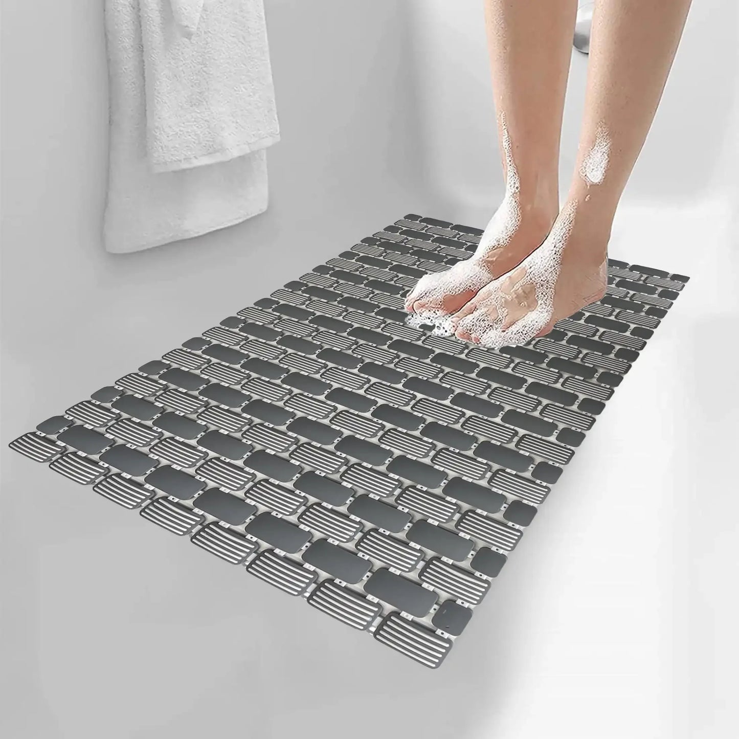 28.34" x 15.35 ", PP+TPE, Non-Slip Tile Bath Mat for Shower with Strong Suction Cups, Grey