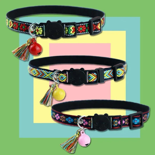 Adjustable cat collar with tassels and bells