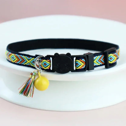 Adjustable cat collar with tassels and bells