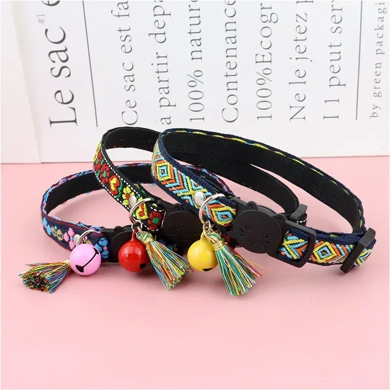 Adjustable cat collar with tassels and bells