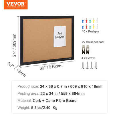 36x24/24x18 Bulletin Cork Board with Pushpins