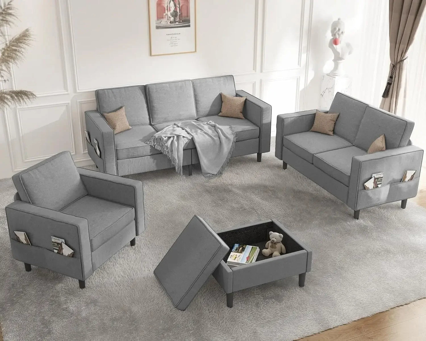 4-PCS Sofa Couch Set with Storage Ottoman