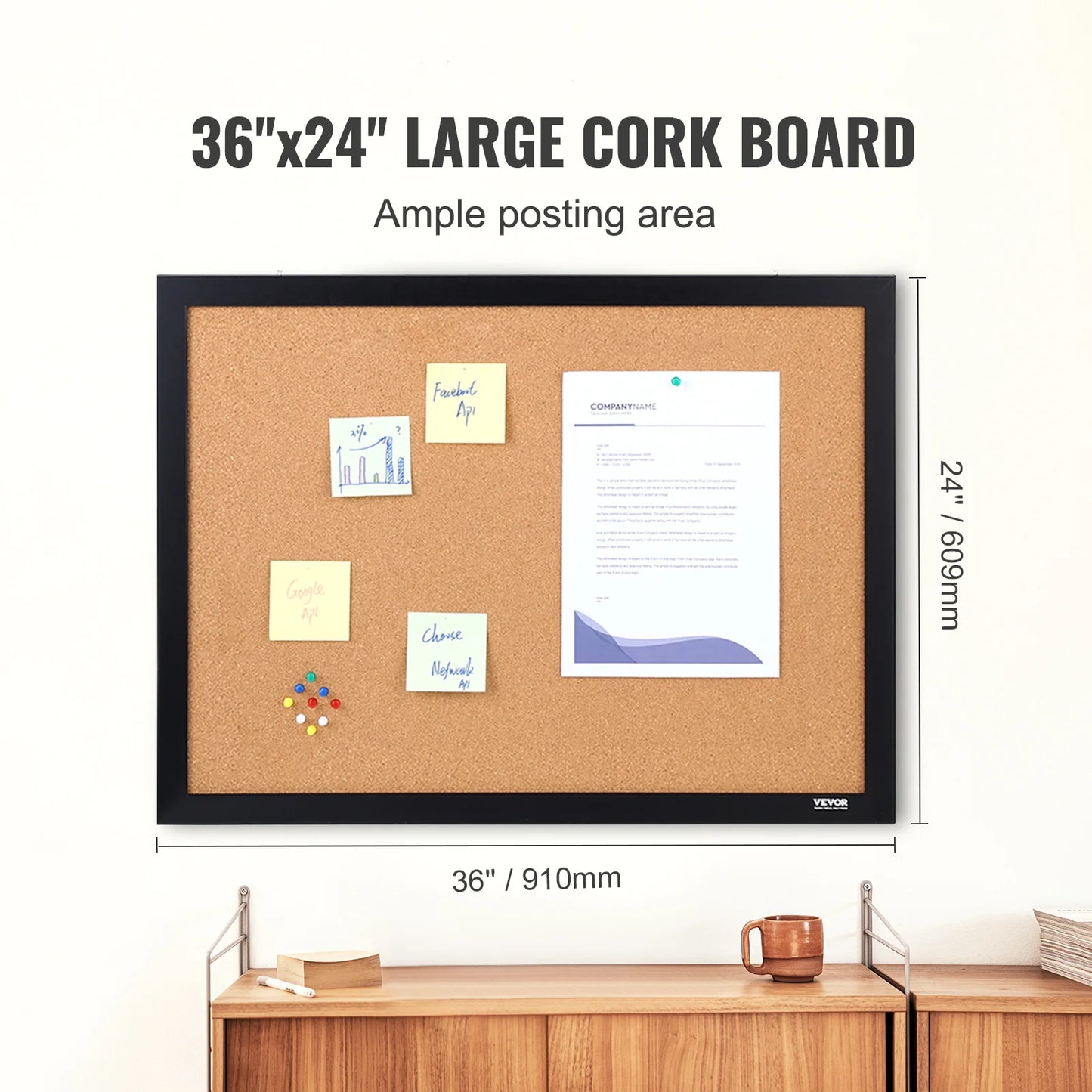 36x24/24x18 Bulletin Cork Board with Pushpins