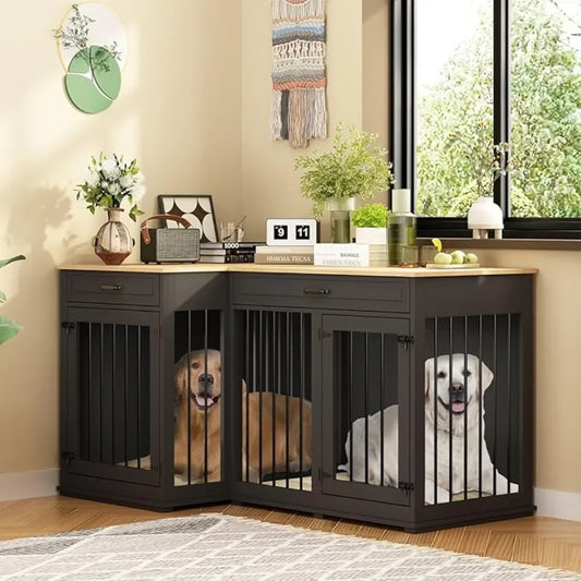 Large Corner Dog Crate Furniture for 2 Dogs