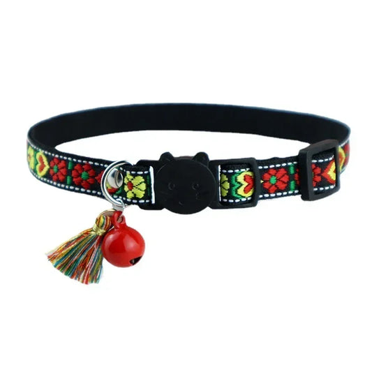 Adjustable cat collar with tassels and bells