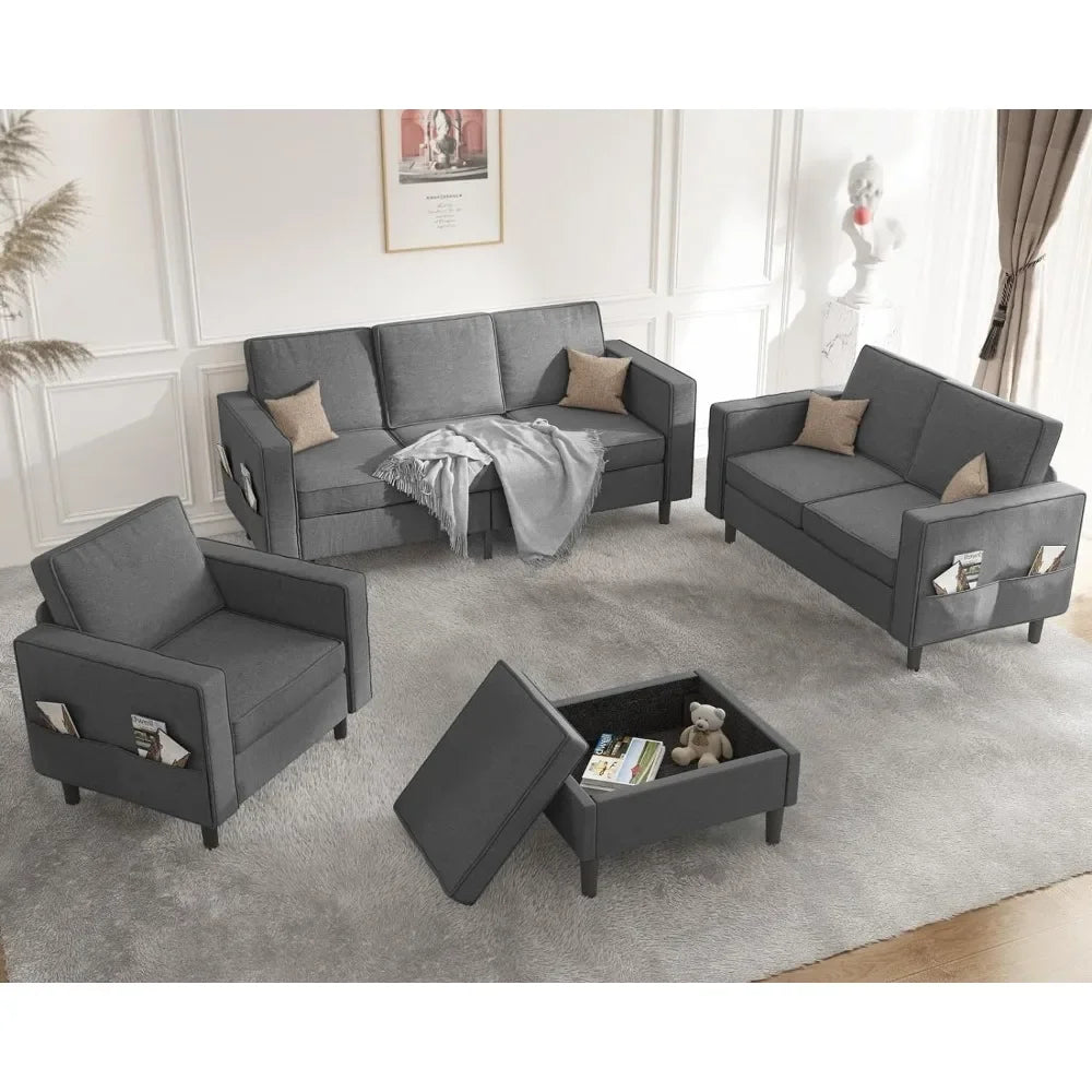 4-PCS Sofa Couch Set with Storage Ottoman