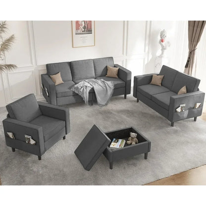 4-PCS Sofa Couch Set with Storage Ottoman