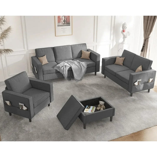 4-PCS Sofa Couch Set with Storage Ottoman